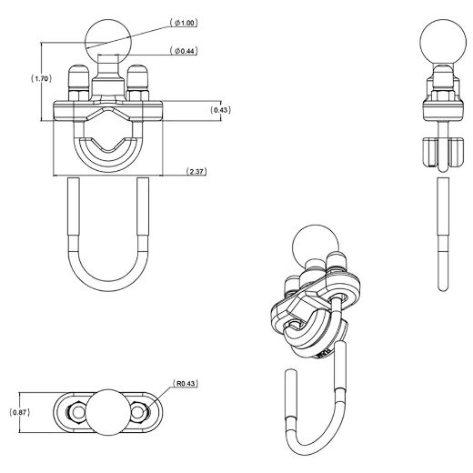 Βάση στήριξης τιμονιού μπάρας RAM MOUNT HANDLEBAR U-BOLT BASE RAM-B-231ZU διαμέτρου 12,7-31,75mm